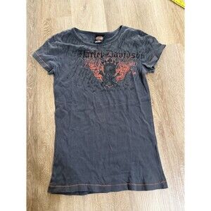 Harley-Davidson Gray Orange Cotton Rhinestone Graphic T-Shirt Crew Neck M